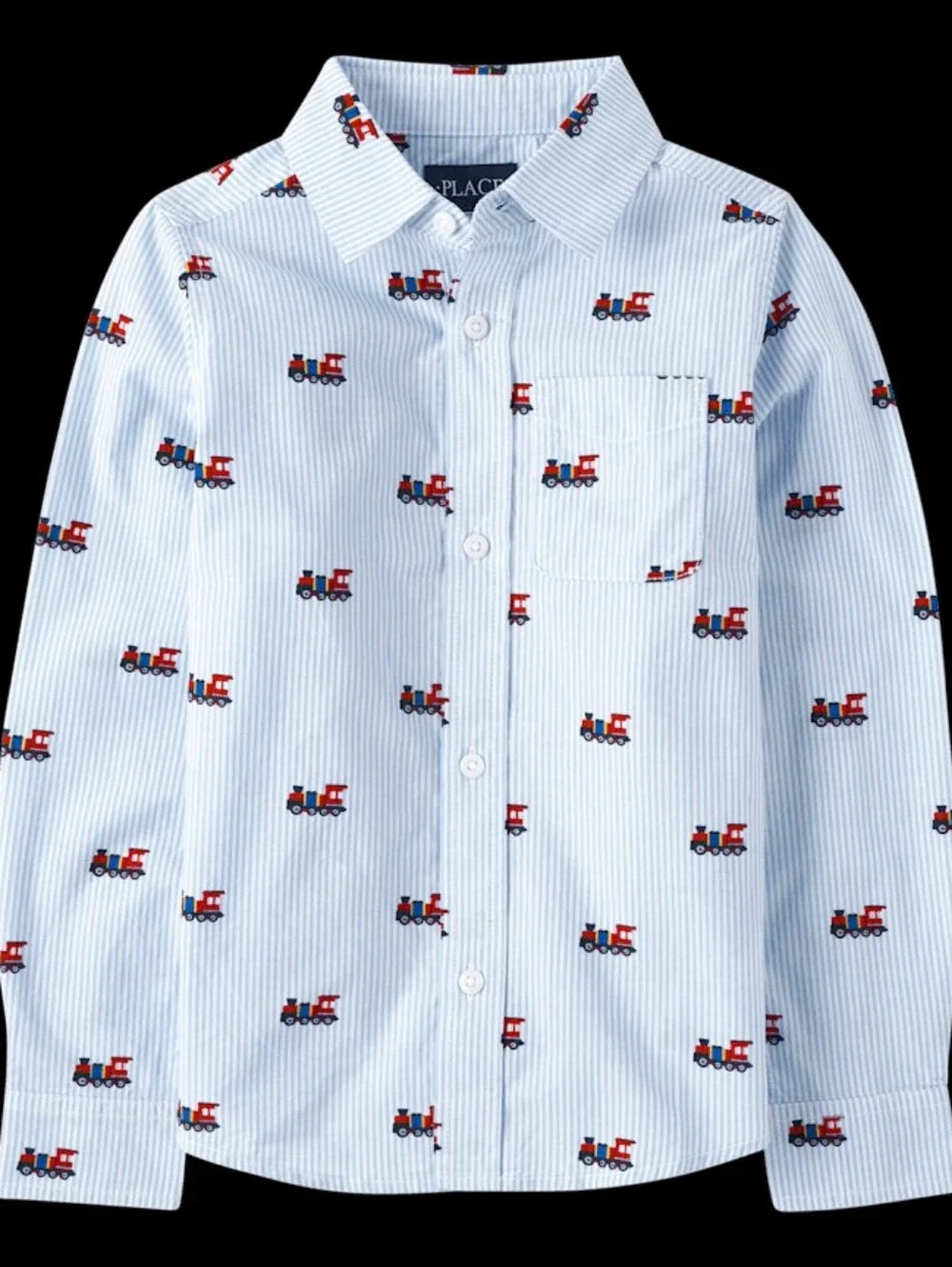 The Children's Place Blue Striped Train-Print Button Shirt - Size Large (10/12)